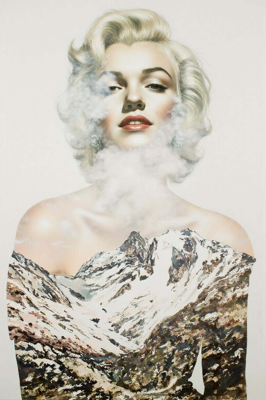 Portrait painting. Marilyn Monroe 's face merging with a mountainous landscape. Her face is partially obscured by a swirl...