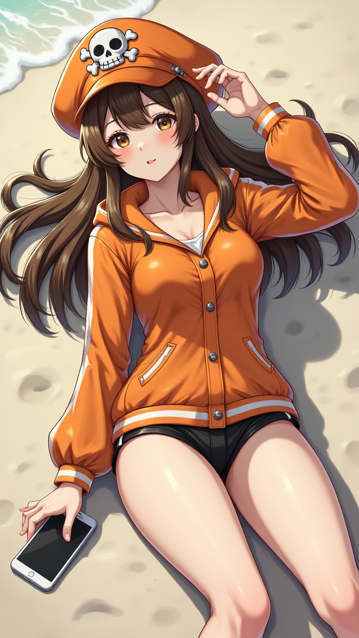 **1gas,  a girl sunbathing under the scorching sun on the beach,  orange jacket on Tensor.Art