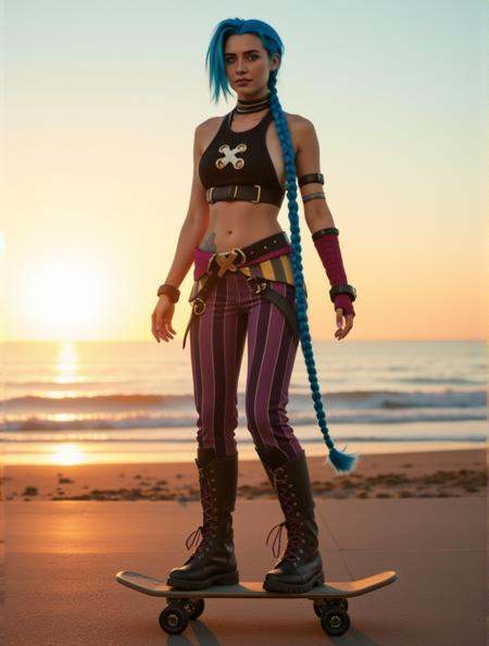 full body jinx with blue long braided hair,  black croptop and stripped pants,  army boots on Tensor.Art