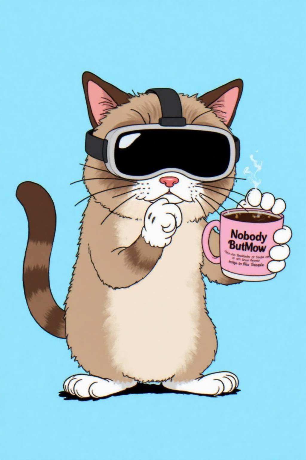 rubber hose animation style.Grumpy Cat holding a coffee mug,  wearing a VR Headset. The mug has the phrase "NobodyButMeow"...