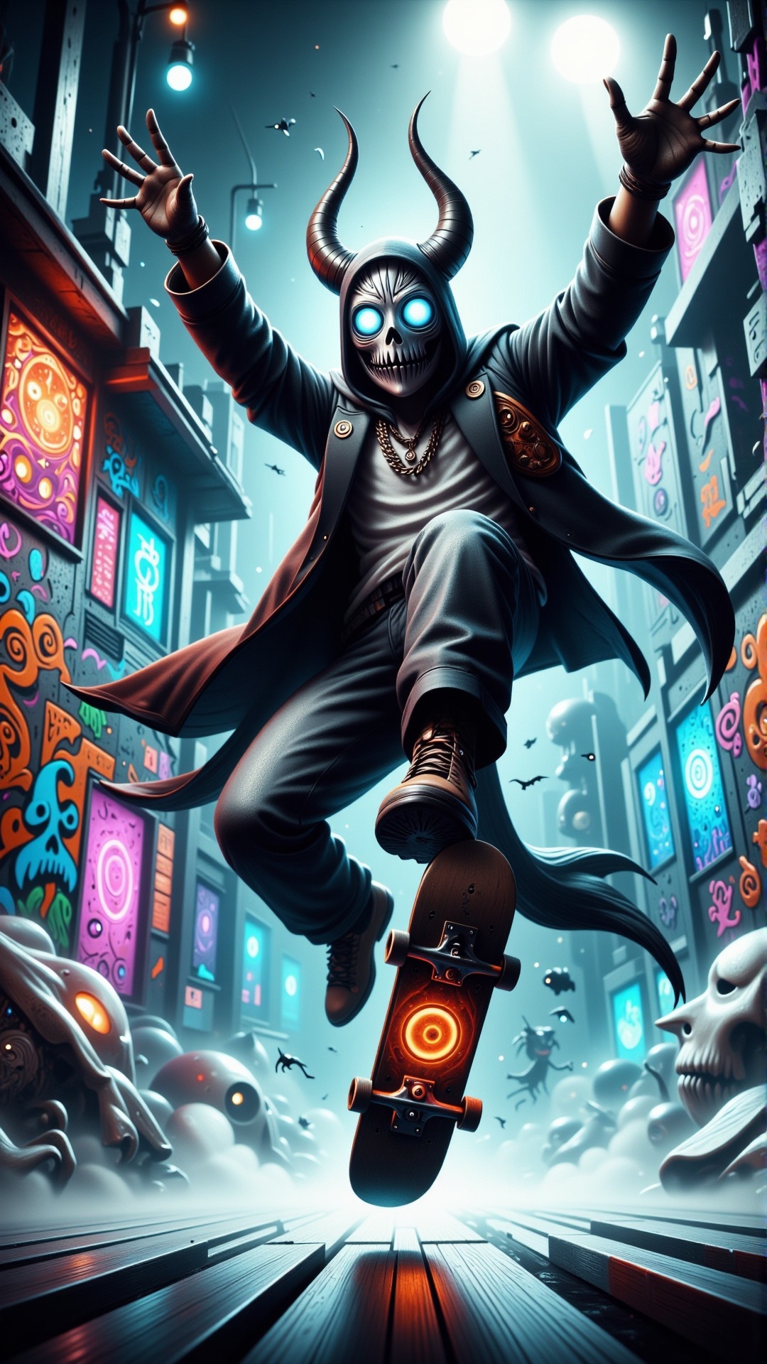 HalloweenGlowStyle Stone Gray colored clothes themed mystical masks,  neon-lit skate park,  cybernetic dream on Tensor.Art