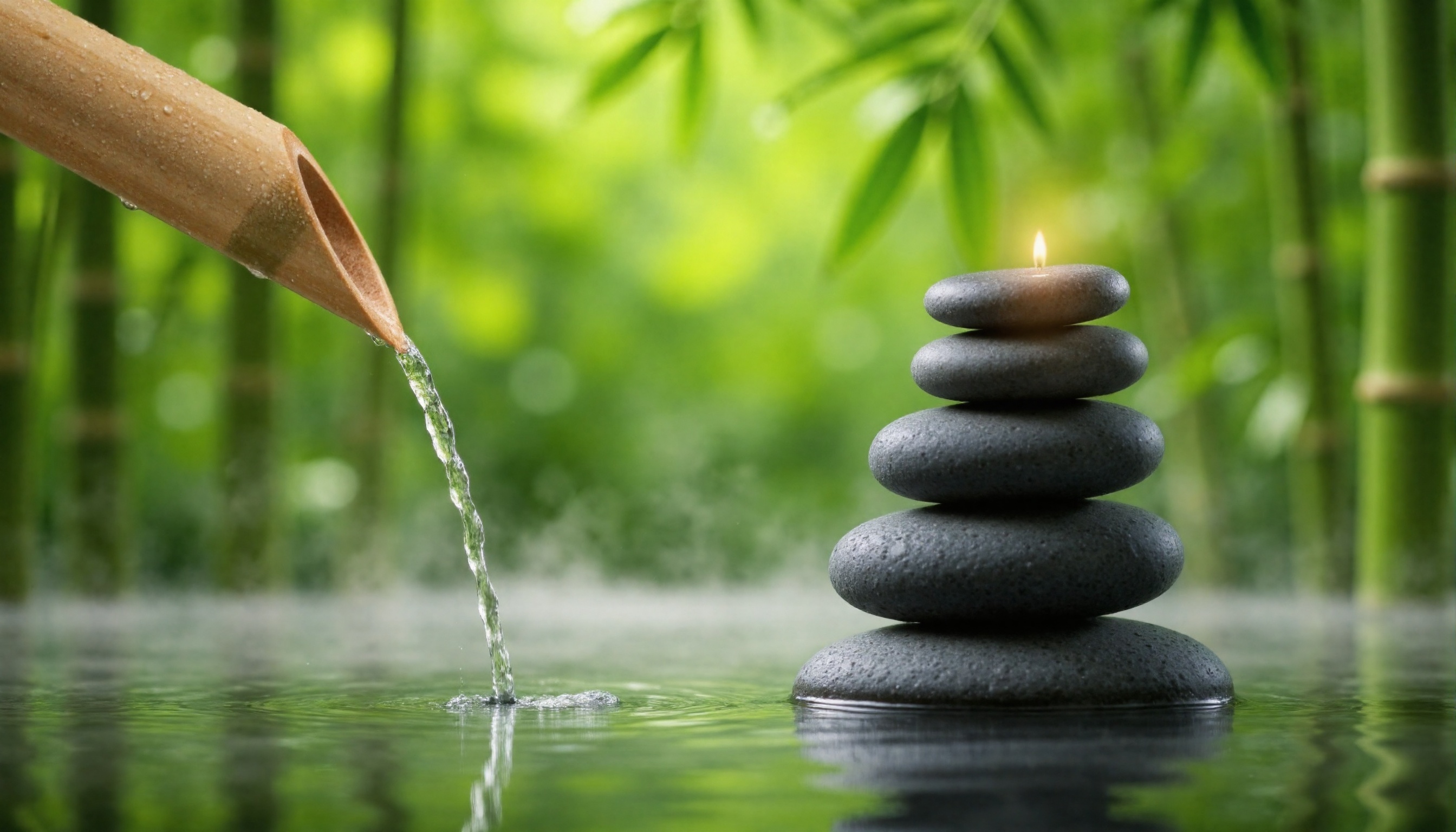 A peaceful zen garden scene featuring a bamboo pipe pouring water into a calm pond. The background consists of blurred gre...