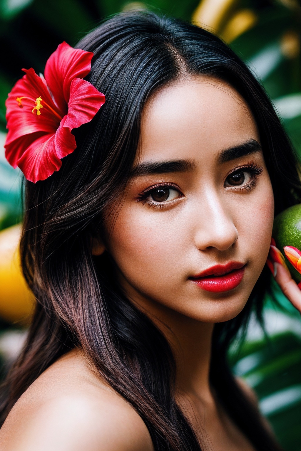 VandaM_SoloTI_v1,  (In a vibrant tropical dress,  with a hibiscus flower in her hair on Tensor.Art