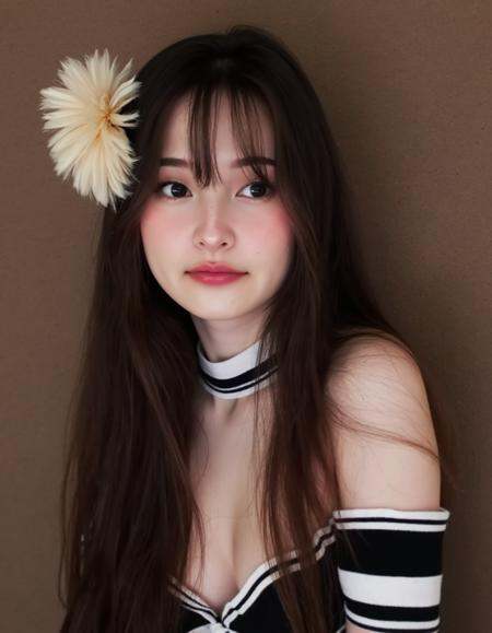 This is a high-resolution photograph of TinaKitten. Her hair is adorned with a large,  fluffy white flower on the left sid...