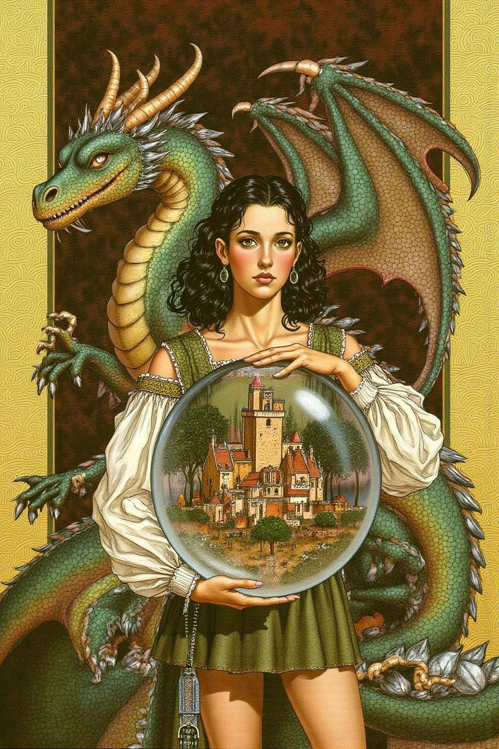 jole1 illustration.A young woman with curly,  dark hair,  dressed in medieval-inspired attire on Tensor.Art