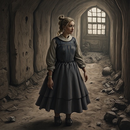 dark and gloomy children's book Artwork illustration of Gerda. She is holding a paper bag with groceries and is standing i...