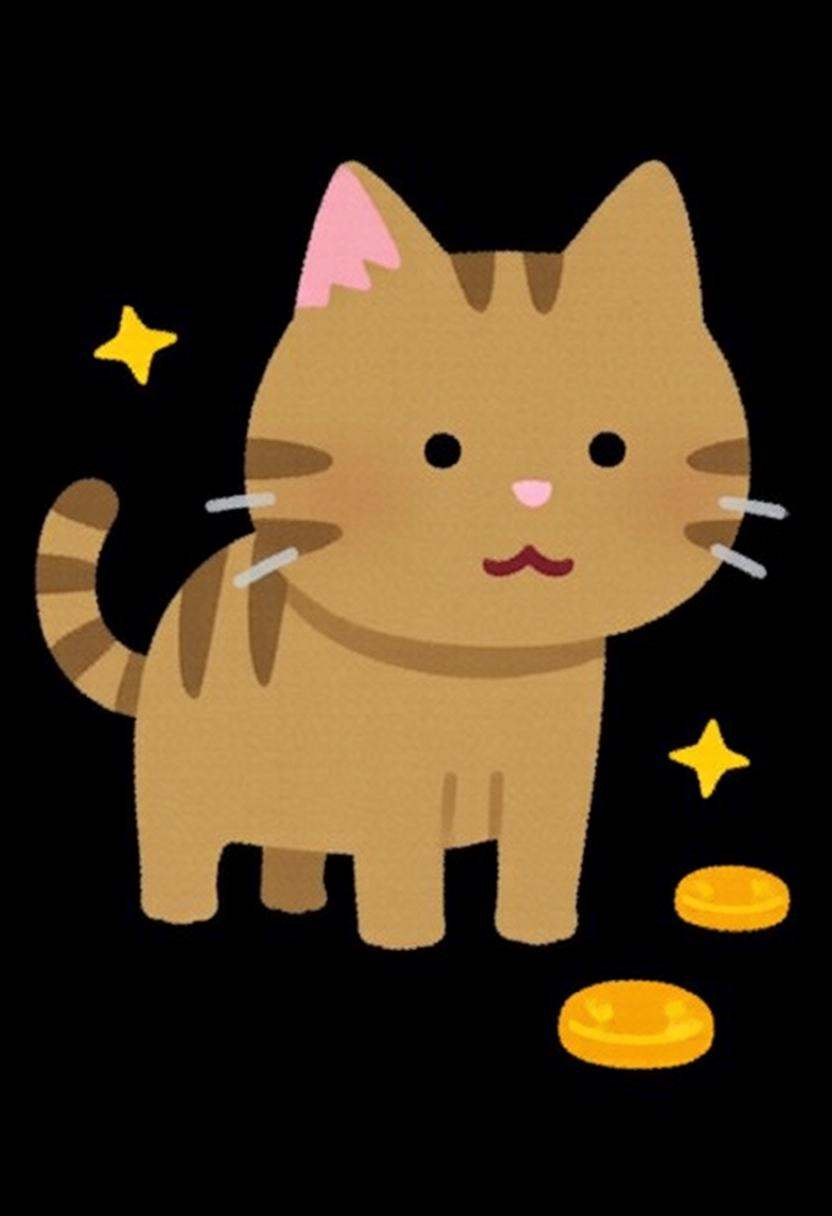 irasutoya3q illustration. A brown cat with a pink nose and whiskers,  standing on all fours with its tail curled upwards....