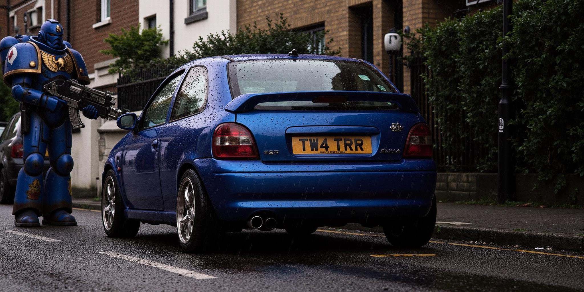 an expired film photograph of a modified corsa in the rain on a UK street,  puddles,  light streaks on Tensor.Art