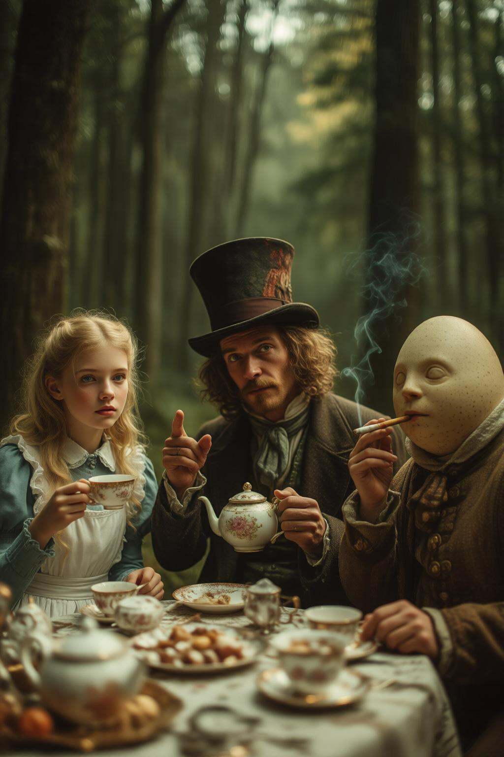 midjourneymix10q photograph. Three characters sitting at a table at a tea party in the forest. On the left is Alice in Won...