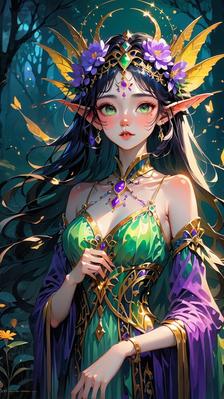 This is a digital painting in a highly detailed, fantasy art style. The subject is an elf girl with long jet-black hair and gorgeous multicolored wings. She stands in a mysterious and serene forest. The color palette is dominated by rich greens and purples, interspersed with golden specks. The elf girl is dressed in a form-fitting light green gown with delicate silver patterns and a flowing train. Her dress is adorned with a shining purple ribbon that accentuates her slender figure. A silver crown studded with jewels rests atop her head, symbolizing her noble status. She stands in a field of blooming flowers, including white, yellow, and purple blooms. In the distance, an ancient temple can be seen, its outline faintly visible through the mist. The elf girl's expression is gentle and lively, with her hands gently raised as if casting a spell. The background features a deep and hazy night sky with a mysterious dark blue hue, adding to the dreamlike quality of the scene. The overall composition and detail are meticulous, emphasizing the beauty and mystery of the elf girl.