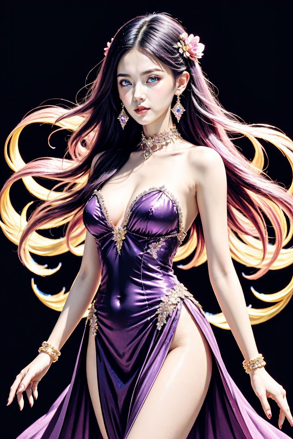1girl, breasts, jewelry, solo, dress, earrings, looking at viewer, long hair, hair ornament, black hair, purple dress, bare shoulders, bracelet, flower, medium breasts, pelvic curtain, covered navel, cowboy shot, hair flower, multicolored hair, cleavage, side slit, strapless, nail polish, purple hair, standing, strapless dress, purple eyes, detached collar, glint, thighs, gem, purple gemstone, sparkle, purple nails, parted lips, glitter, pink gemstone, armlet, closed mouth, sleeveless dress, blue eyes, purple flower, two-tone hair, blush, floating hair, lips, choker, pink hair, black background, gradient hair, collar, collarbone