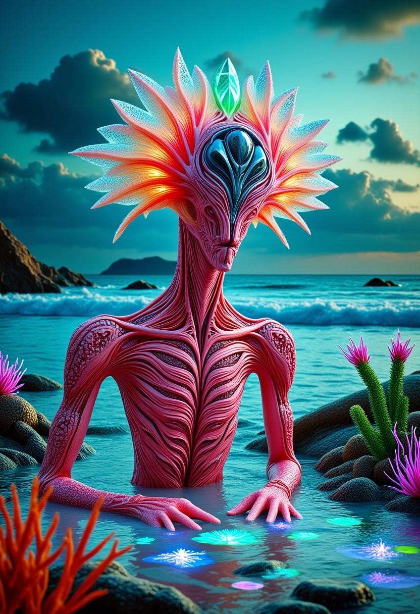 AlienLife,  Close-Up Study of the Coral Scribe 🐚🌊Sitting on a coral reef under an alien ocean sky,  the Coral Scribe’s c...