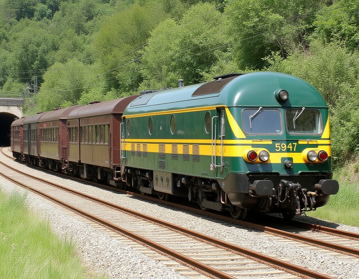 SNCB Series 59 diesel locomotive in green livery. A vibrant railway scene featuring a green and yellow diesel locomotive,...
