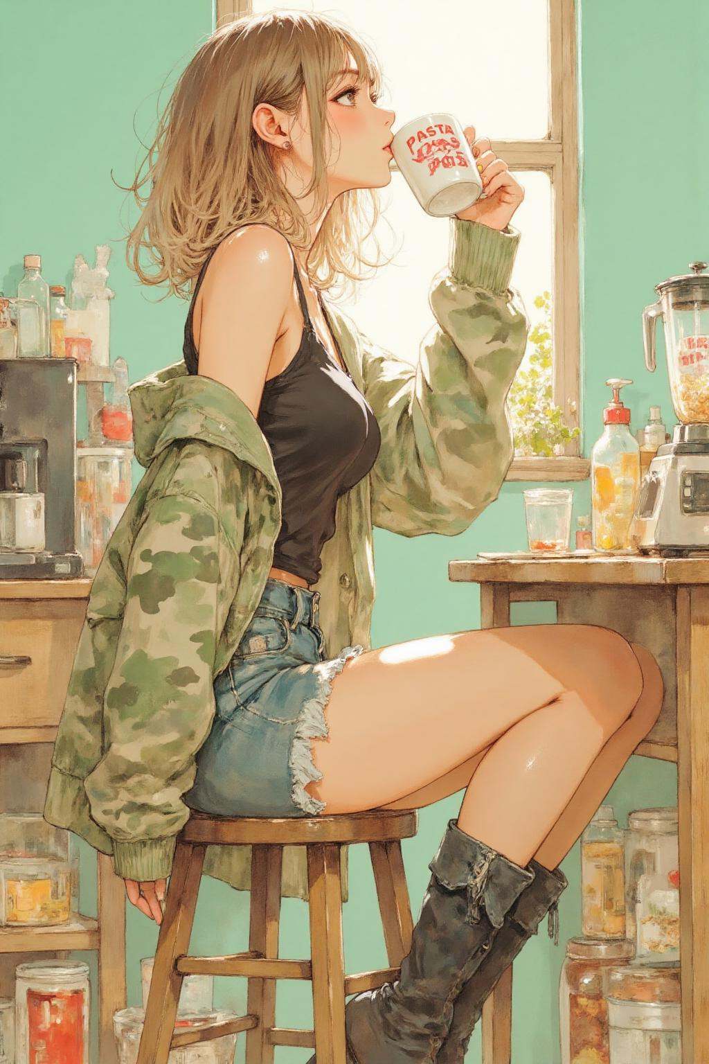 nijiwatercolor1q anime illustration.A young woman,  shown in side profile,  is sitting on a wooden stool in a messy kitche...