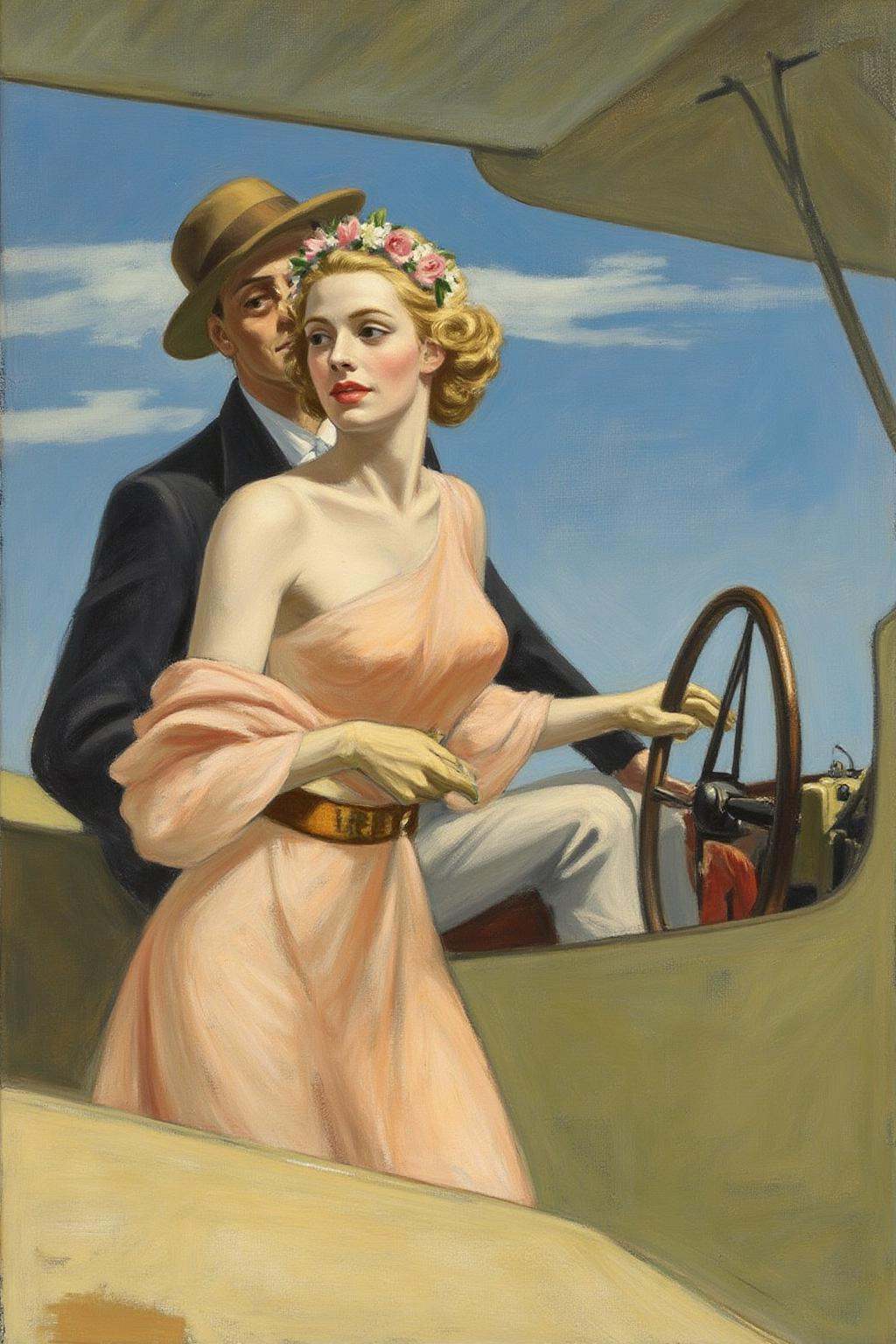 edwardhopper1 painting. A romantic scene of a couple on a vintage biplane. The woman,  in the foreground,  is a stylish wo...