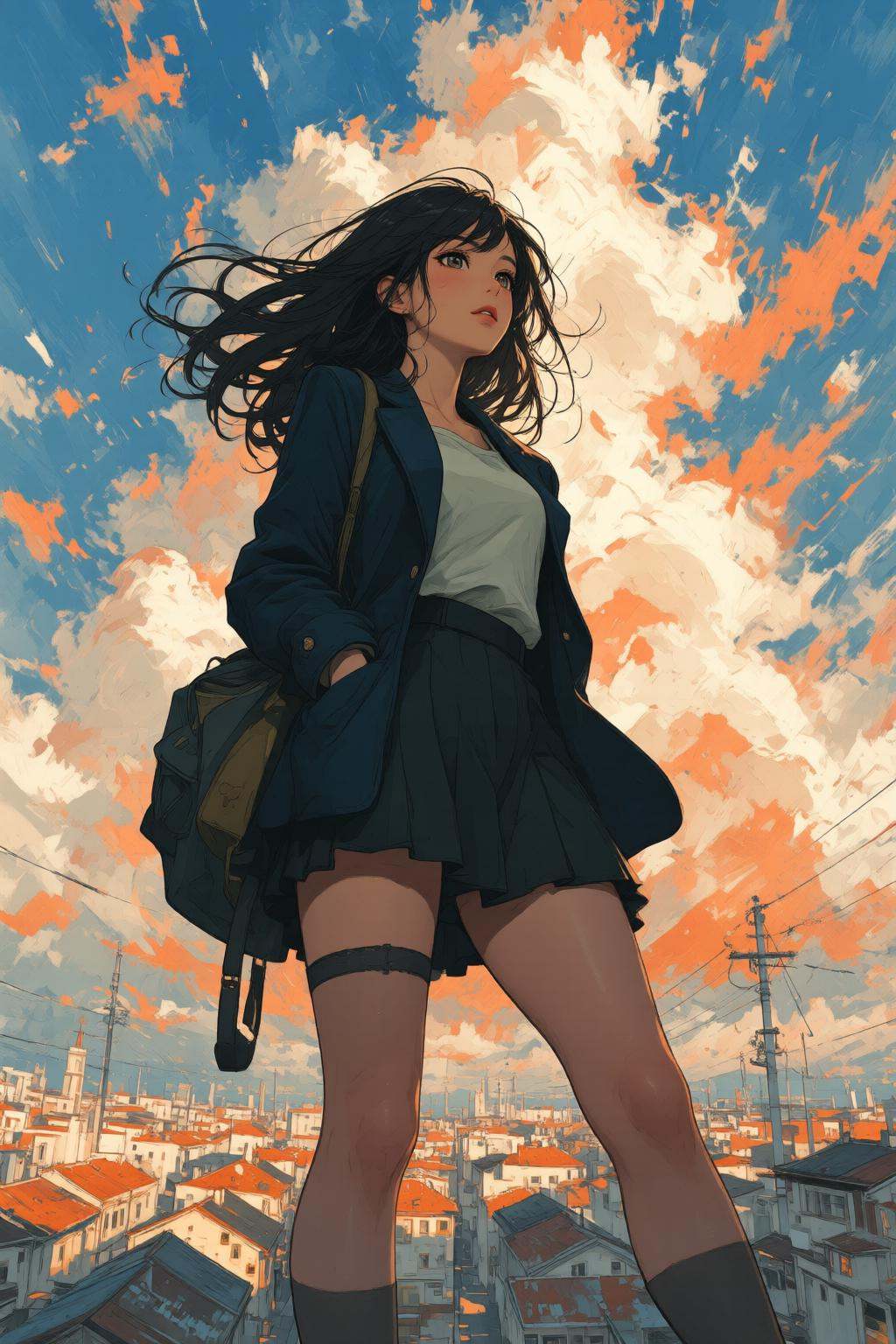 nijimix6q anime style illustration.A low-angle view of a high school girl with long,  flowing black hair,  standing confid...