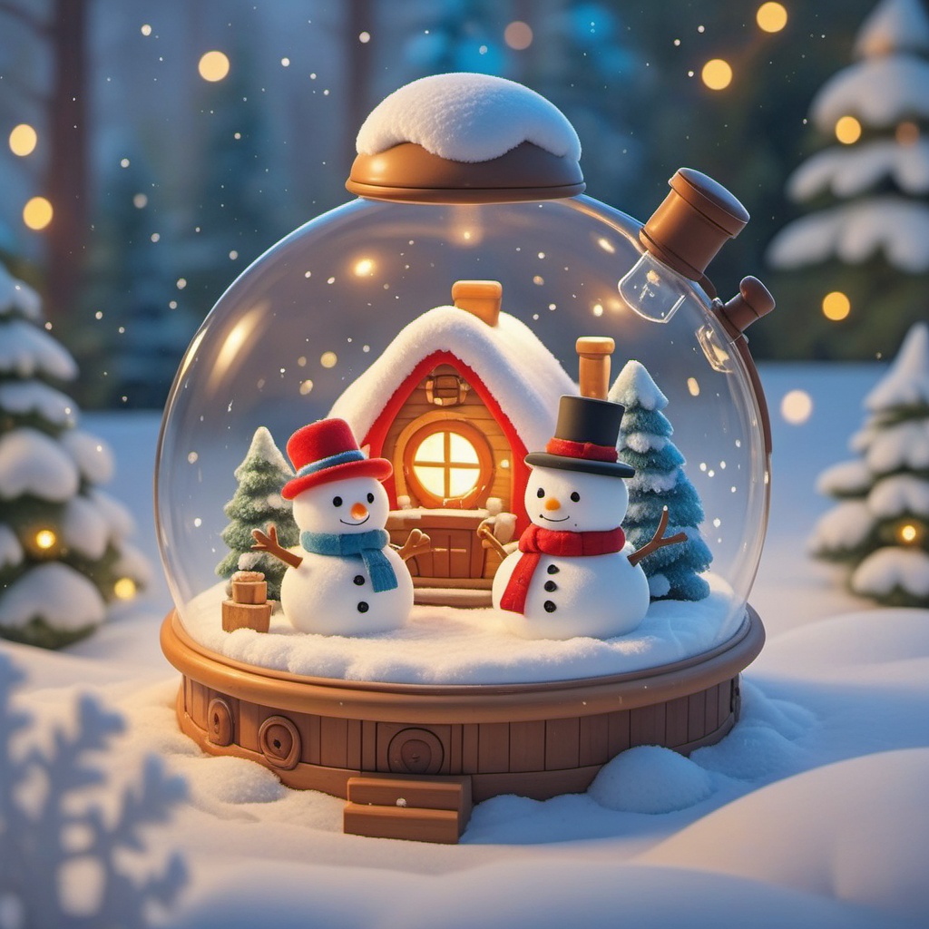 shengdan, A whimsical snow globe with a little snowman sporting a top hat and a red scarf, and a tiny snowman buddy with a blue scarf. Inside, a wooden house with a chimney, a tiny window, and a snow-covered roof sits. The globe's lid is decked out with snowflakes. Outside, it's a snowy winter wonderland with pine trees and cozy fairy lights. The whole scene is super cute and festive.,<lora:shengdan_v1-000016:0.8>