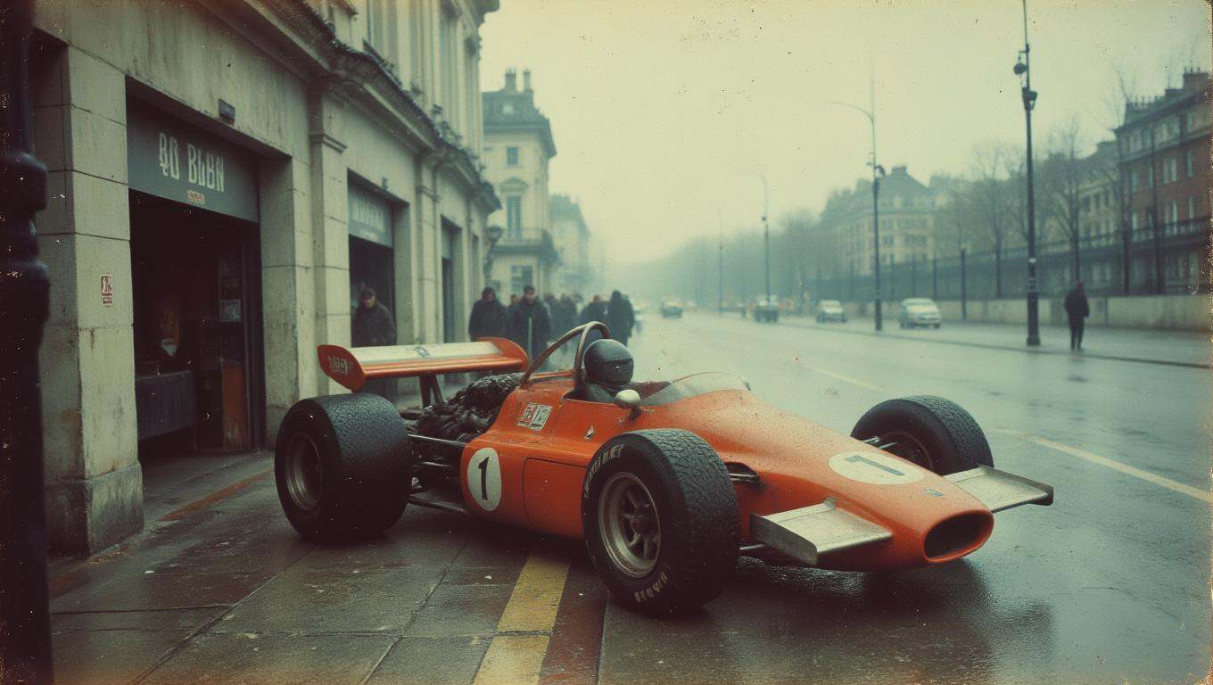 35mm vintage street photo of an old F1 Car on a pit lane on Tensor.Art