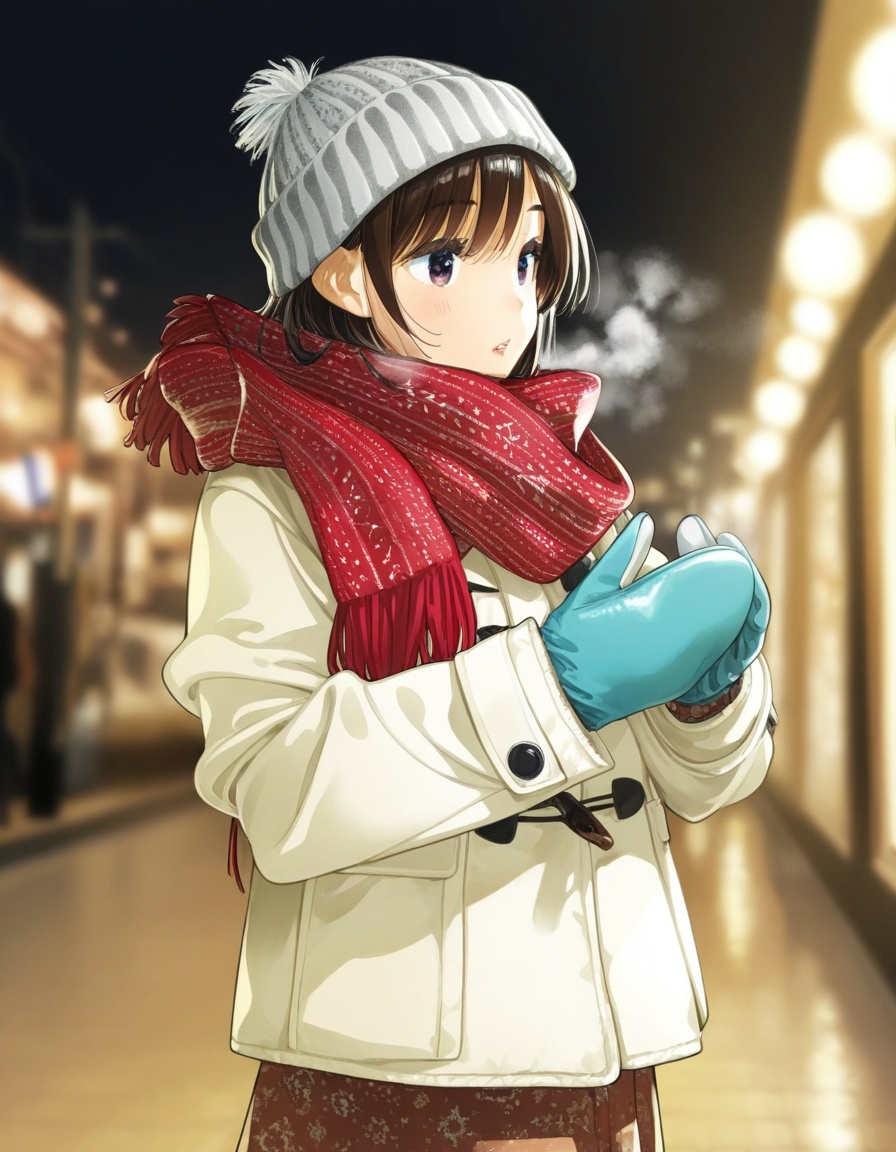 miyajima_reiji_style1girl winter ((cowboy_shot)) snow big_gloves beanie scarf breathing from_side looking_awayoutside stre...