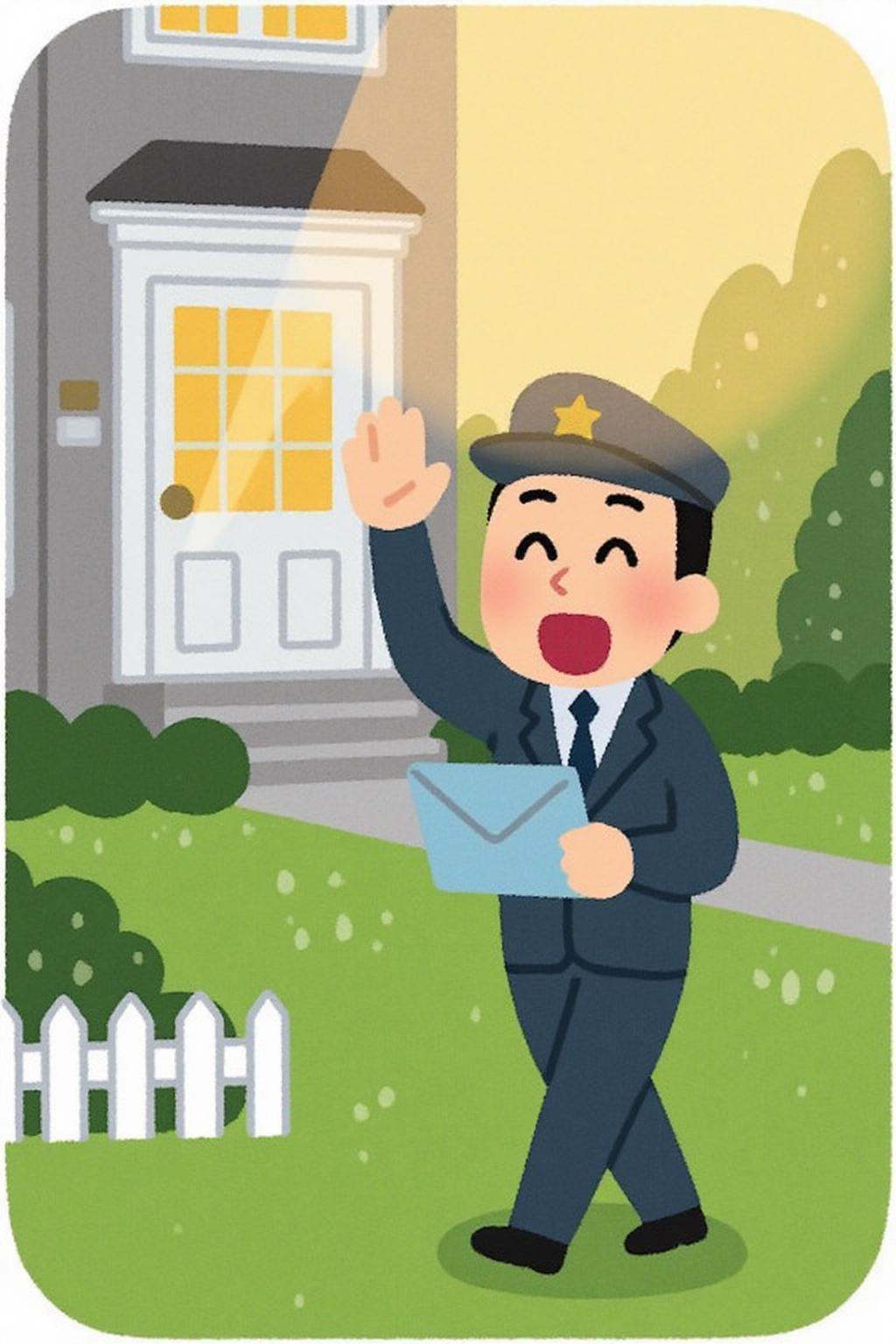 irasutoya1 illustration. A postman delivering letters to a suburban home,  his uniform crisp and neat. The front yard is m...