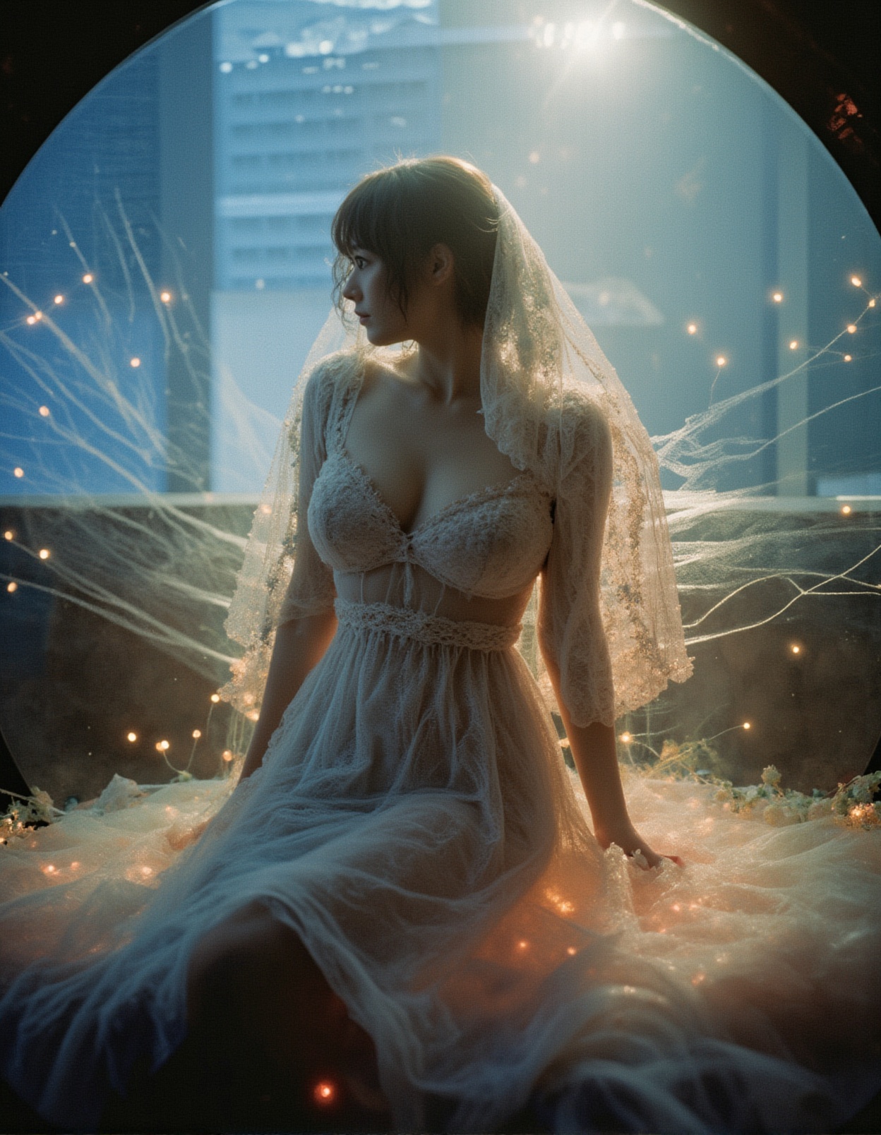 In a cinematic style,  a girl poses within the curvature of a massive,  translucent sphere on Tensor.Art
