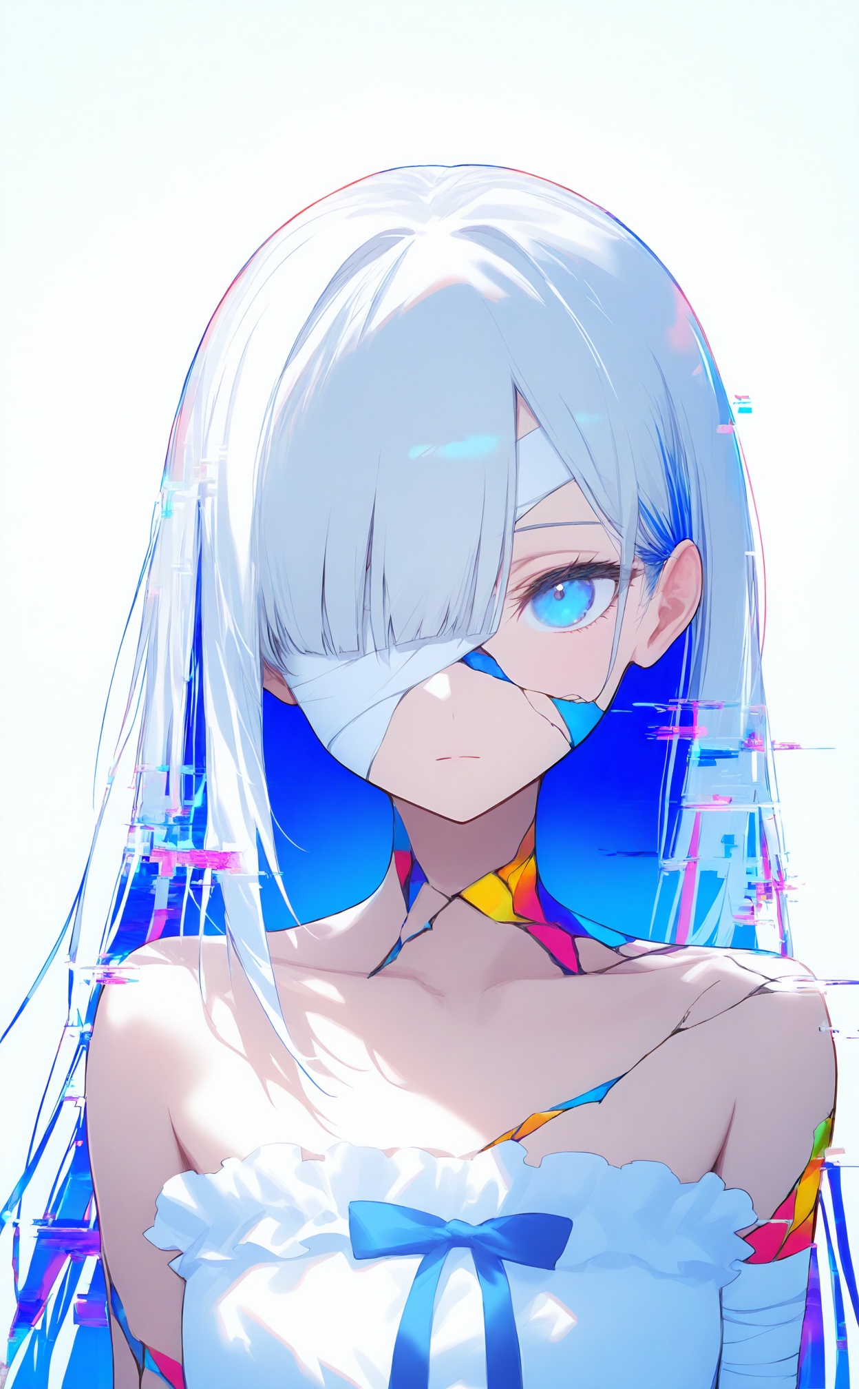 masterpiece,best quality,high quality,(colorful),1girl,solo,bandages,bandaged arm,long hair,glitch,blue eyes,looking at viewer,dress,colored inner hair,collarbone,closed mouth,white hair,blue theme,frilled dress,cracked skin,white background,bow,frills,upper body,white dress,head tilt,hand up,multicolored hair,blue hair,expressionless,crack,simple background,one eye covered,bare shoulders,blue bow,straight hair,hair behind ear,straight-on,strapless dress,