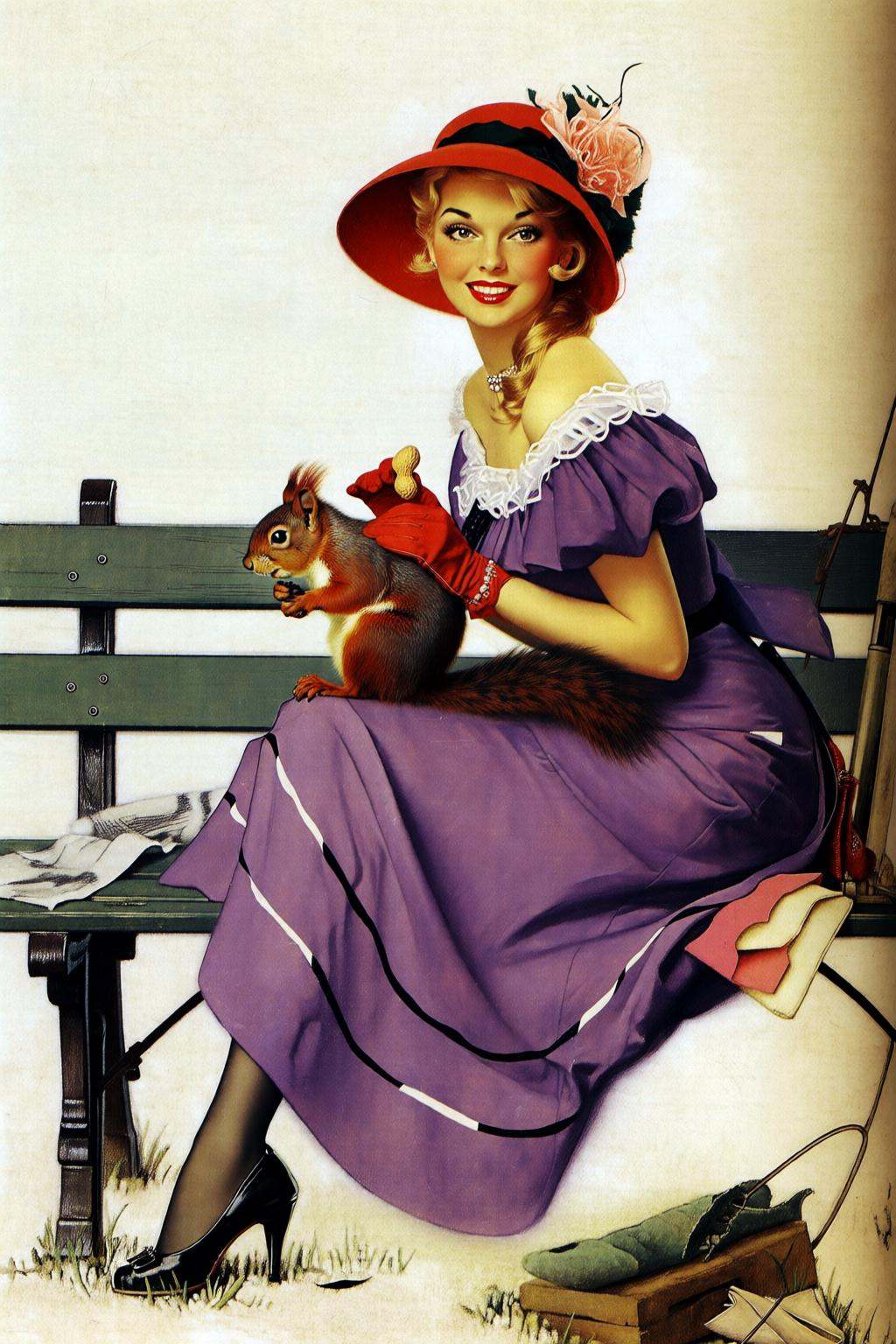 normanrockwell2q illustration.gilelvgren1. 3/4 view of a young woman with wavy shoulder-length blonde hair is sitting on a...