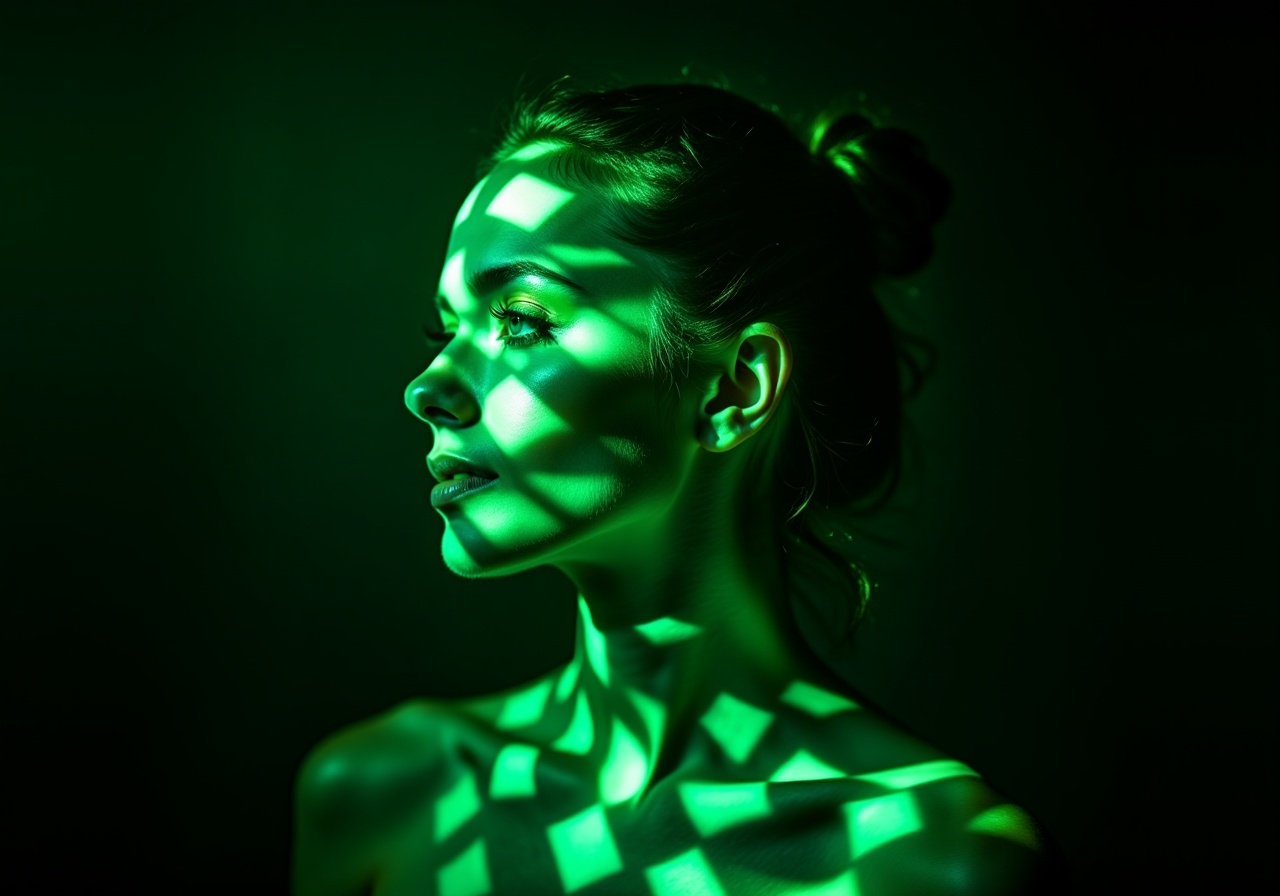 "A green explosion of squares,  geometric patterns and sharp lines that form the portrait of a woman,  visually striking a...