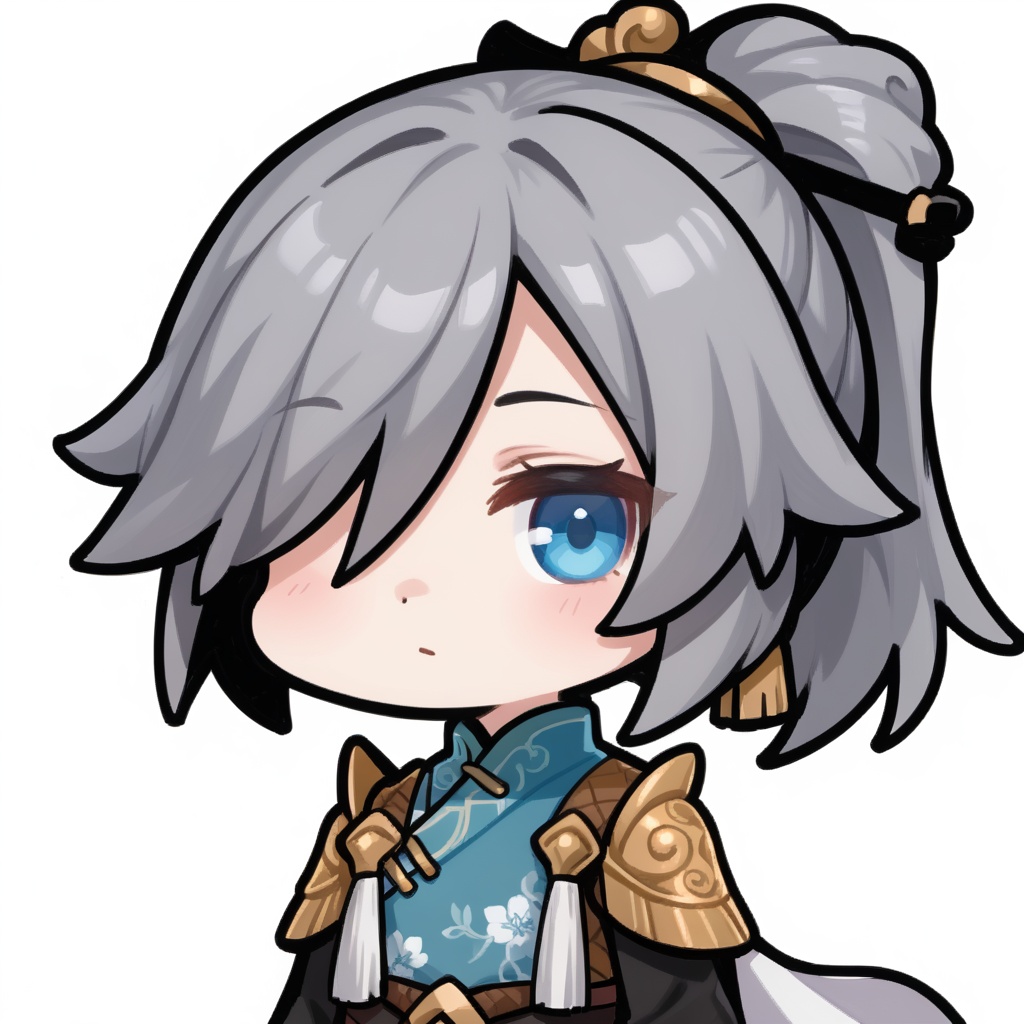 (white background:1.2),looking at viewer,(SOLO:1.4),outline,simple background,upper body, cowboy shot,looking at viewer,(((arms at side))),  fu_hua_mangaver, fu_hua,shoulder armor, hair ornament,hair over one eye,grey hair,shirt,ponytail,long sleeves,tassel,black footwear,floral print,hair bell,jacket,hanfu,jewelry,earrings,chinese_clothes,blue_eyes, bangs, chibi<lora:xr-szrq-mh-pony:0.8>