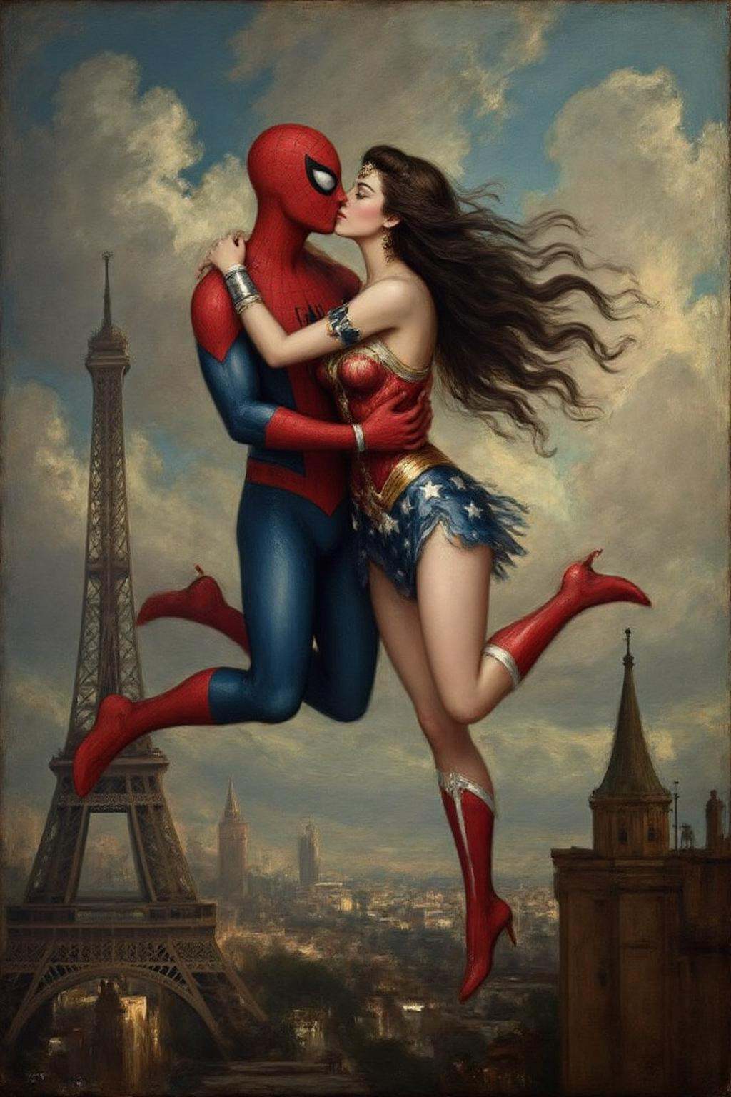 gainsbo1 paintingSpider-man and Wonder Woman,  kissing,  floating above Paris on Tensor.Art