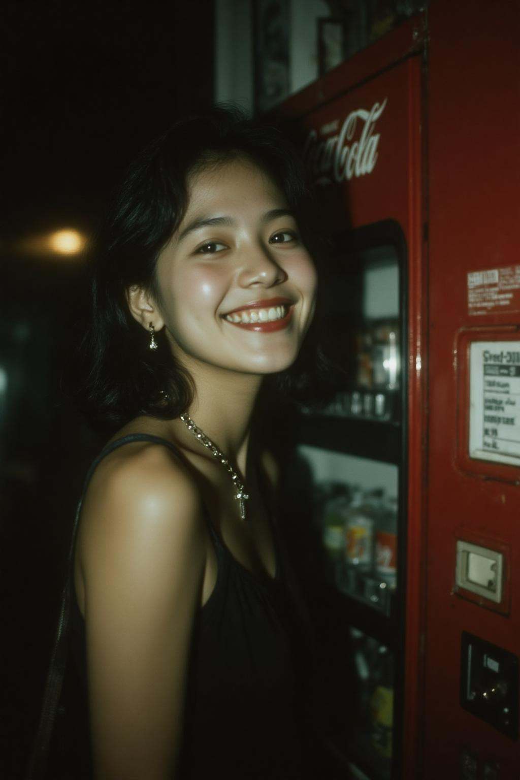 midjourney analog photograph.A young Thai woman leans against a red Coca-Cola vending machine. She is wearing a black slee...