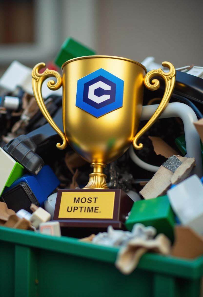 This is a high-resolution photograph featuring a golden trophy with civitaiLogo embedded and nameplate text "Most Uptime"...