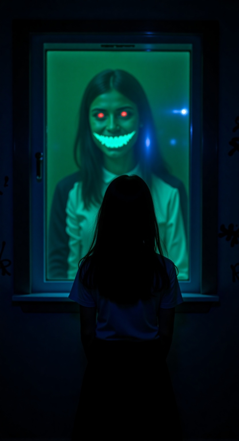 blue light,  a dark eerie scene with a young girl standing in front of a window. The girl is facing a green-lit room,  and...