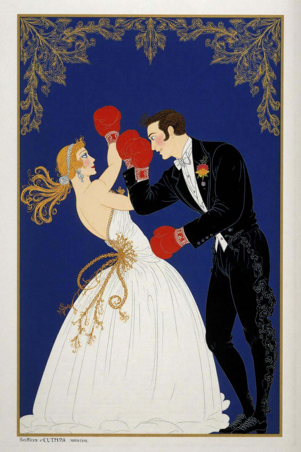 erte1 illustration. A man and a woman,  boxing at a wedding. on Tensor.Art