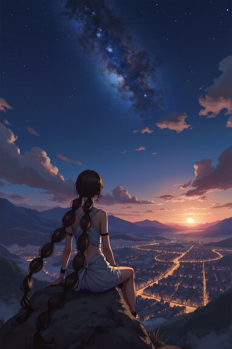 Aksha _ Eve,1girl,school unifrom,sitting on rock at mountain,looking at far night city,cowboy shot,,<lora:models/2846/5d9ccba5-20.safetensors:0.8:0.8>