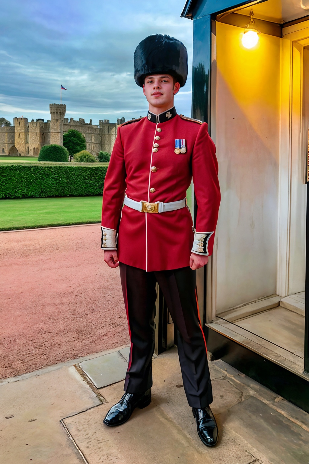 Windsor Castle in the background,  standing next to a guard house,  JackWindsor wearing (kg_uniform) on Tensor.Art