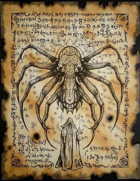 ncrnmcn,  An ancient manuscript displays a giant spider with a body covered in rune-like patterns. Its legs extend outward...