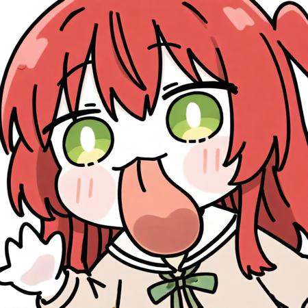 <lora:tongue out_ill-xl:1>,chibi,tongue,tongue out,upper body,waving,masterpiece,best quality,masterpiece,best quality,1girl,solo,green_eyes,kita_ikuyo,red_hair,white_background,simple_background,one_side_up,long_sleeves,long_hair,white_sailor_collar,cropped_torso,looking_at_viewer,sailor_collar,chibi,pointing,neck_ribbon,hair_between_eyes,shirt,ribbon,brown_shirt,green_ribbon,blush,white_pupils,bright_pupils,