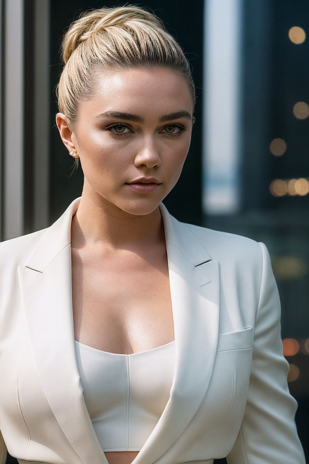 FlorenceP_SoloTI_v1,  (In a sleek,  tailored blazer with a matching high-waisted trouser on Tensor.Art