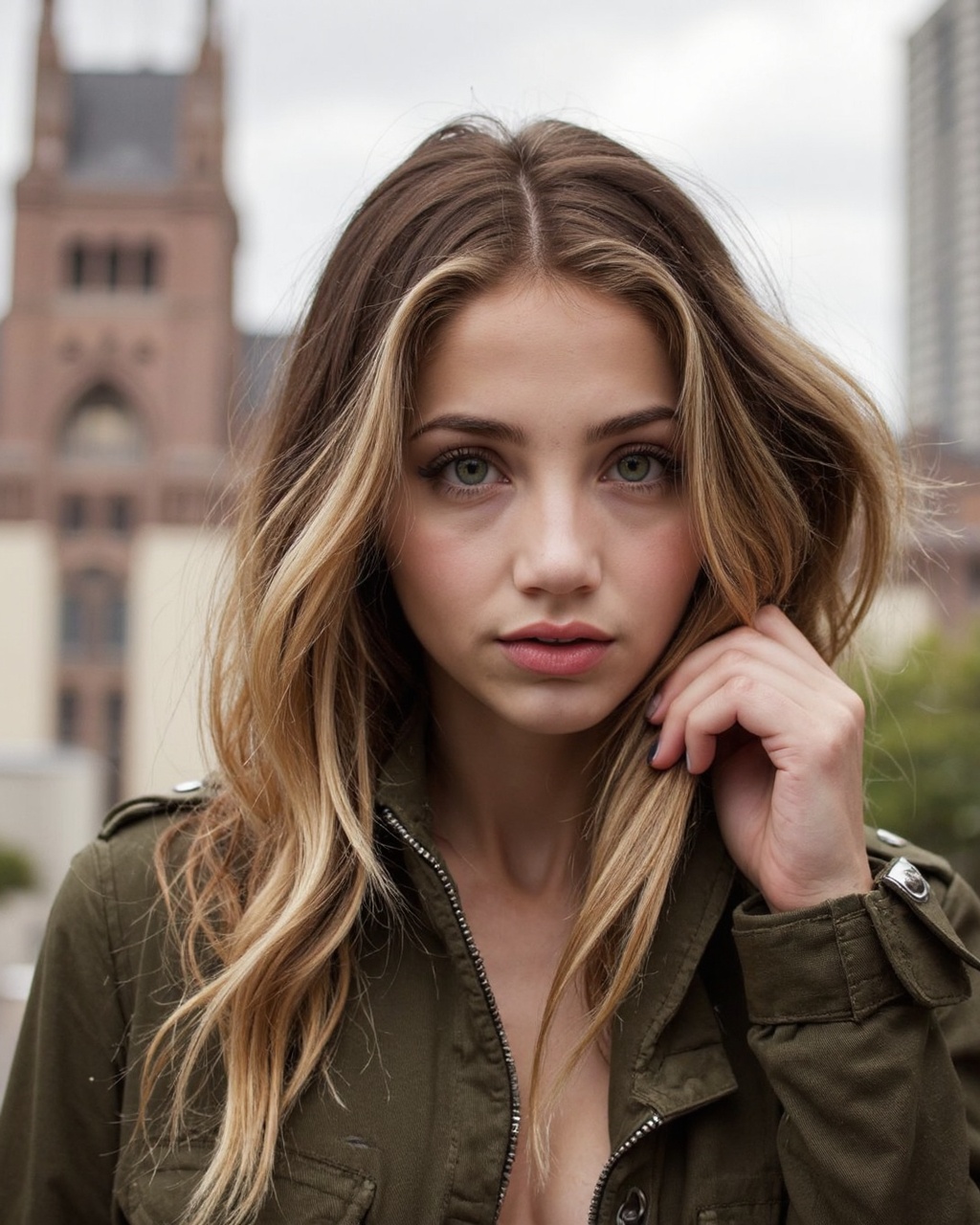 A high-resolution photograph of emily_rudd with fair skin and striking brown eyes,  set against a blurred urban background...