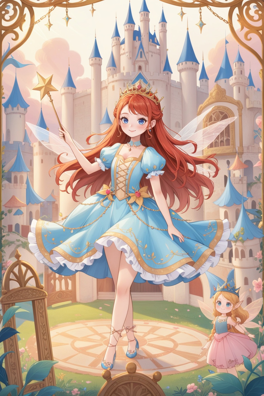 The image is an illustration of a young woman with long red hair and a crown on her head. She is wearing a blue dress with a pink and gold pattern and has a big smile on her face. Her hair is styled in loose curls and she is holding a wand in her right hand. In the background,there are three fairies with pink and blue dresses and wings. The fairies are standing on a chain with a castle-like structure in the background. There are also various objects scattered around the image,including a castle,a castle tower,and a castle gate. The overall style of the illustration is whimsical and magical.,
