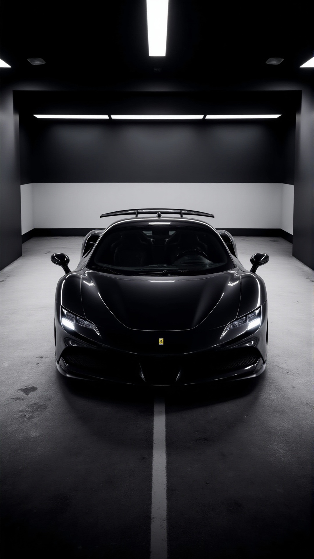 A monochrome ad campaign shot featuring the aidmaFerrariSF90 in a high-tech wind tunnel. The sleek,  futuristic setting en...