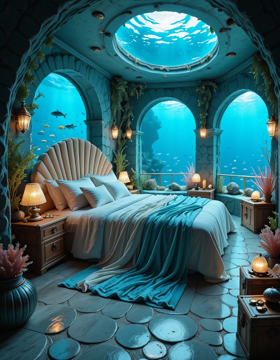 The magical underwater bedroom of the Mermaid,  with coral walls glowing softly in luminous shades of blue and turquoise....