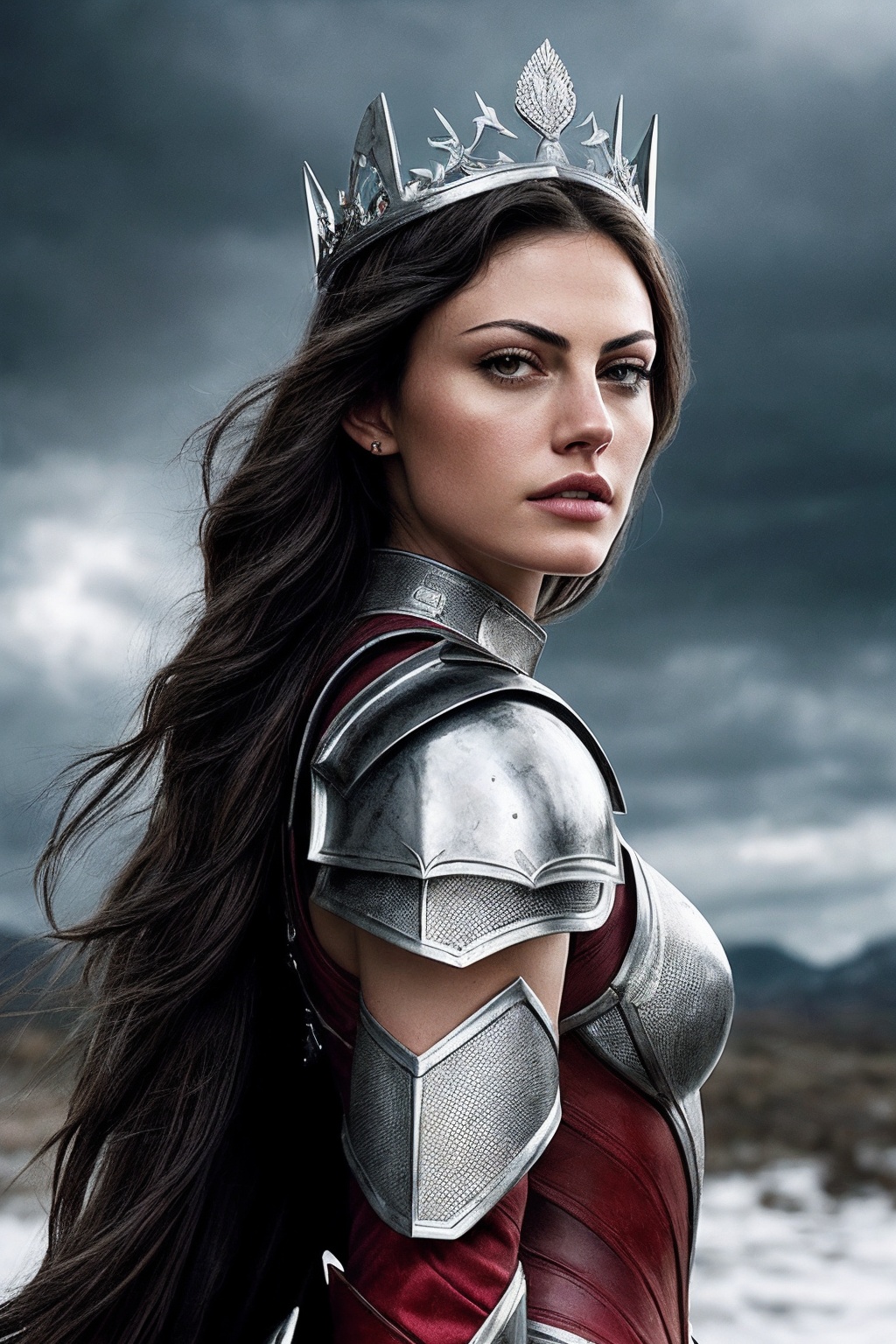 PhoebeT_SoloTI_v1,  (Clad in an intricately designed silver and crimson battle armor that glimmers in the light,  her long...
