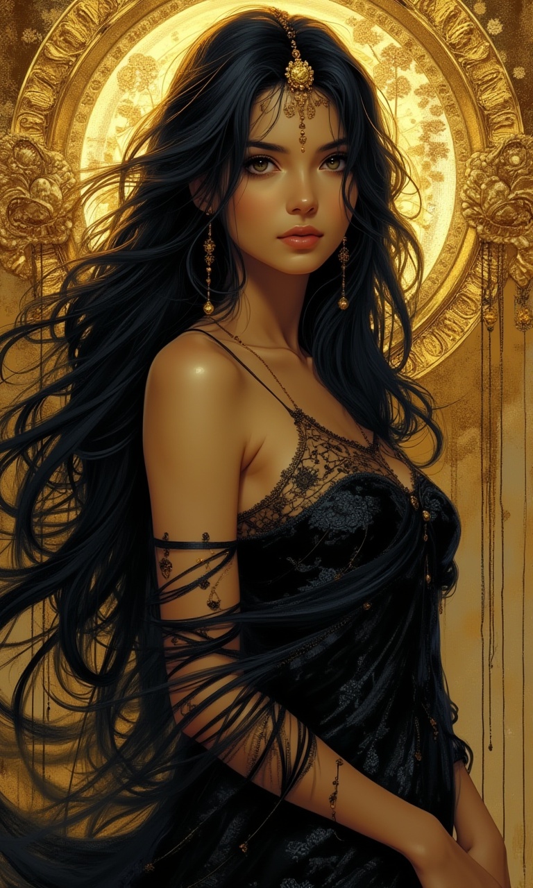 a woman with long black hair in a gold painting,  in the style of charlie bowater,  dark blue and dark black on Tensor.Art
