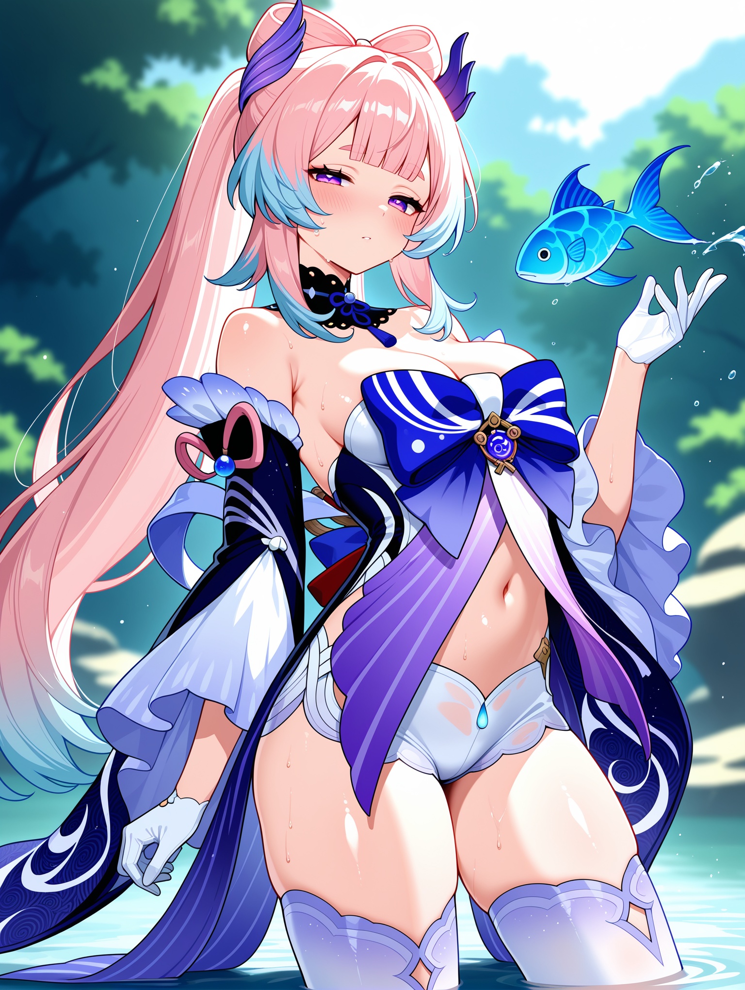 1girl, sangonomiya kokom, offical art, solo, breasts, navel, long hair, water, pink hair, cleavage, looking at viewer, purple eyes, thighhighs, blush, bow-shaped hair, vision \(genshin impact\), bare shoulders, gloves, shorts, bow, white gloves, multicolored hair, fish, white thighhighs, detached collar, wide sleeves, thighs, medium breasts, frills, wet, frilled sleeves, very long hair, short shorts, white shorts, detached sleeves, wading, blue hair, ponytail, blunt bangs, hair ornament, blue bow, large breasts, sweat, blurry, half-closed eyes, shiny skin, blurry background, bottomle,,masterpiece,best quality,amazing quality,