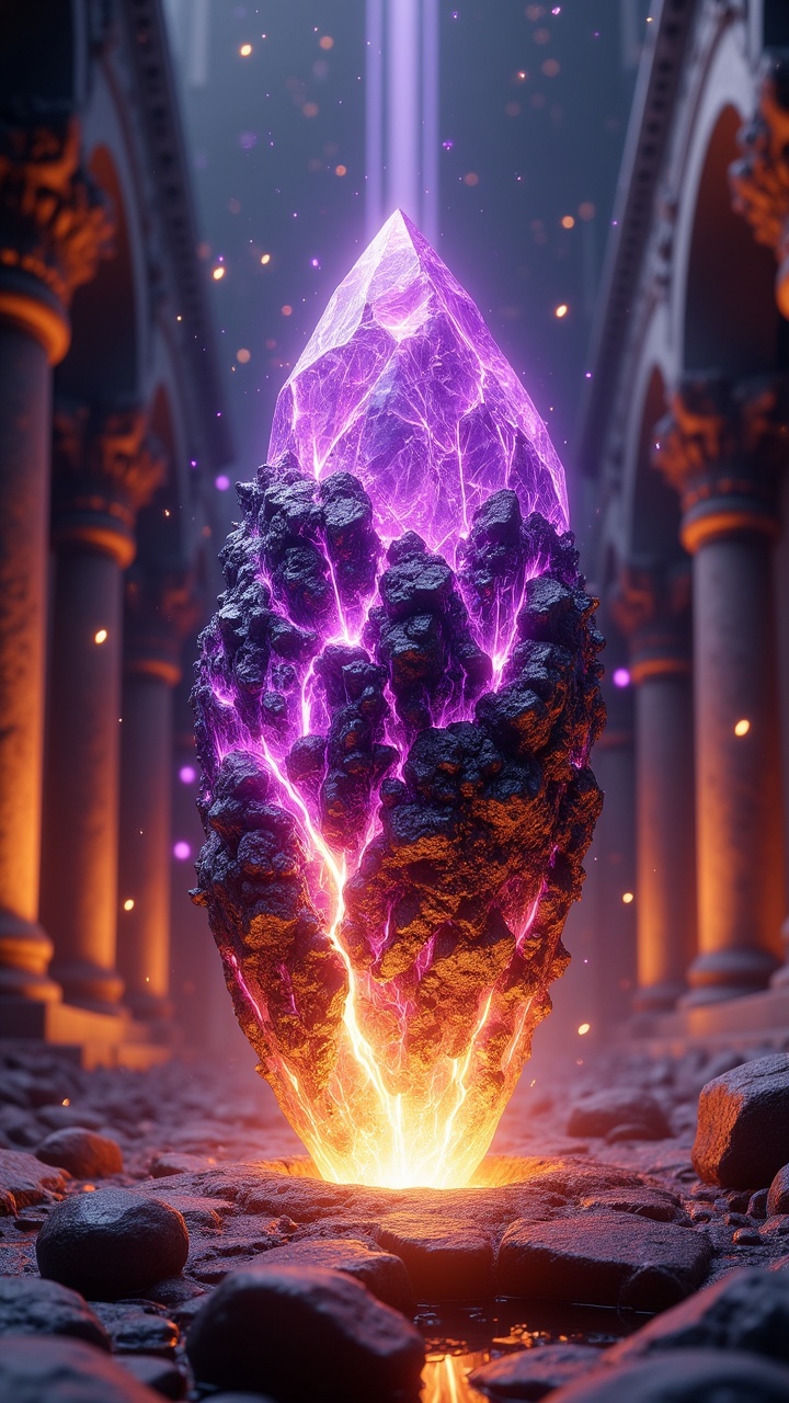 A hyper-realistic depiction of a massive crystal fragment suspended mid-air,  its sharp edges refracting vibrant streaks o...