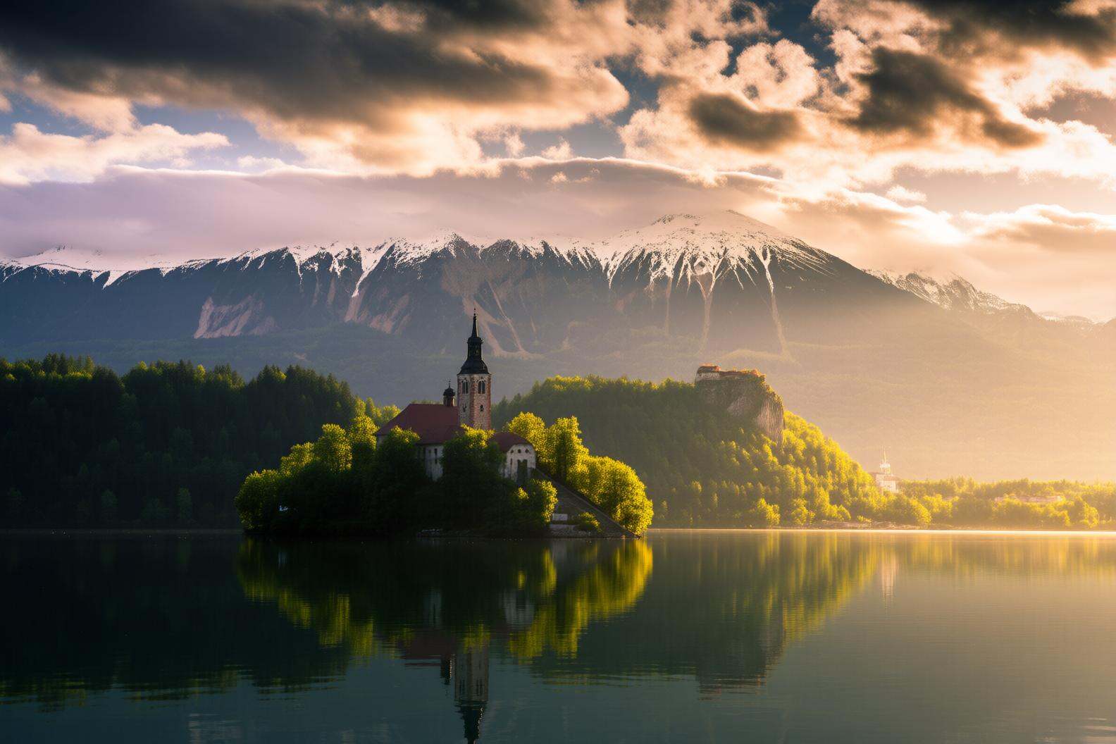 aurelmanea2q photography. A and picturesque landscape with a small island in the middle of a calm lake. The island is cove...