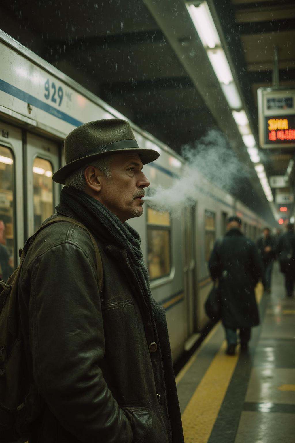 midjourney photograph. A man wearing a fedora,  smoking at a busy trainstation in the rain. on Tensor.Art