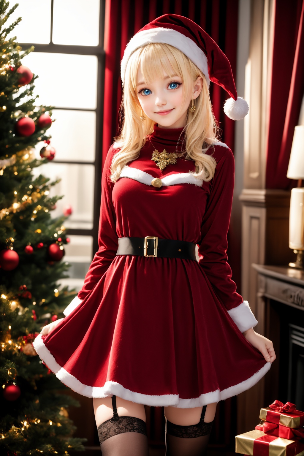 <lora:AgainChristmas_v1:1>, 1girl, solo, christmas tree, blonde hair, hat, belt, santa hat, christmas, dress, thighhighs, smile, looking at viewer, black belt, breasts, red dress, fur trim, black thighhighs, blush, garter straps, red headwear, window, blue eyes, cowboy shot, indoors, long sleeves, santa costume, closed mouth, medium breasts, medium hair, christmas ornaments, zettai ryouiki, hand up, santa dress, fur-trimmed dress, standing, buckle, jewelry, pom pom \(clothes\), fur-trimmed headwear, short dress, bell, belt buckle, green eyes, turtleneck, arm behind back
